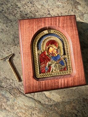 24k & 925 Sterling Silver Most Holy Theotokos Tenderness Madonna Mary Wood Frame